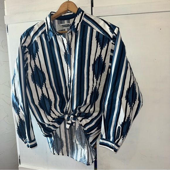 Vintage Panhandle Slim Blue and White Striped Aztec Button Up Down Shirt - Picture 3 of 8